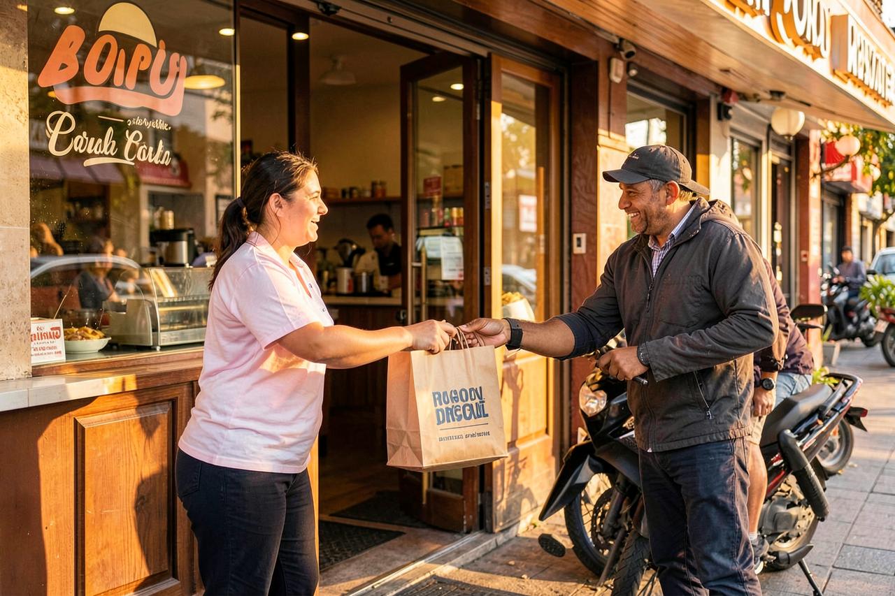 Atendente entregando um pedido de delivery para o entregador na porta da lanchonete