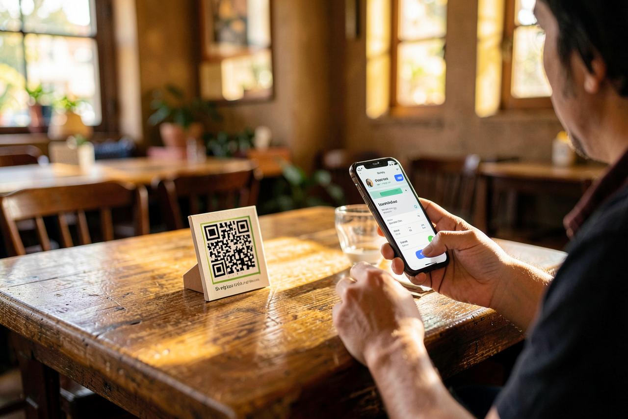 Cliente escaneando o QR code da mesa para abrir o cardápio digital no celular